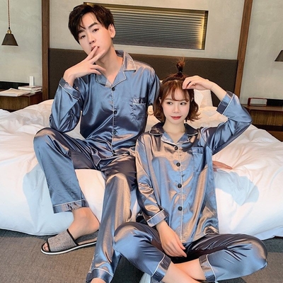 Women Men Sleepwear Valentines Long Sleeve Plain Silk Pajamas Plus Size