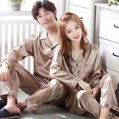 Women Men Sleepwear Valentines Long Sleeve Plain Silk Pajamas Plus Size
