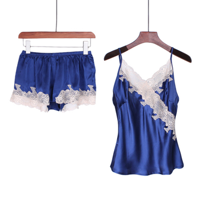 2pcs Silk Sling Lace Pajamas Set For Women Sleepwear Camisole Pajamas