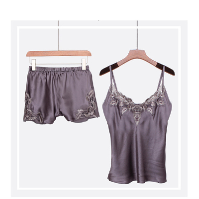 2pcs Silk Sling Lace Pajamas Set For Women Sleepwear Camisole Pajamas