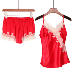 2pcs Silk Sling Lace Pajamas Set For Women Sleepwear Camisole Pajamas