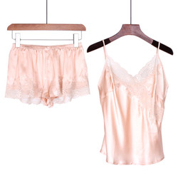 2pcs Silk Sling Lace Pajamas Set For Women Sleepwear Camisole Pajamas